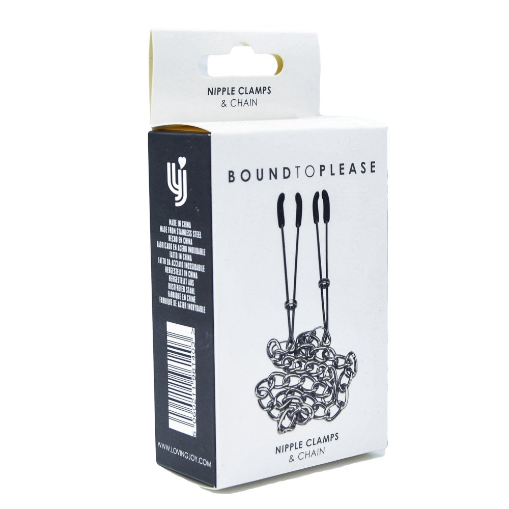 Bound to Please branded box featuring nipple clamps with chain illustration