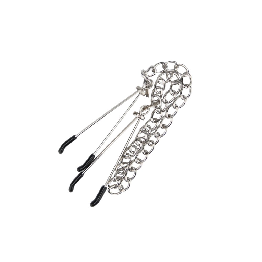 Silver nipple clamps with black tips connected by a metal chain