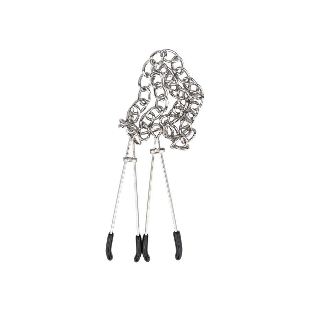 Metal chain with two adjustable clamps featuring black rubber tips