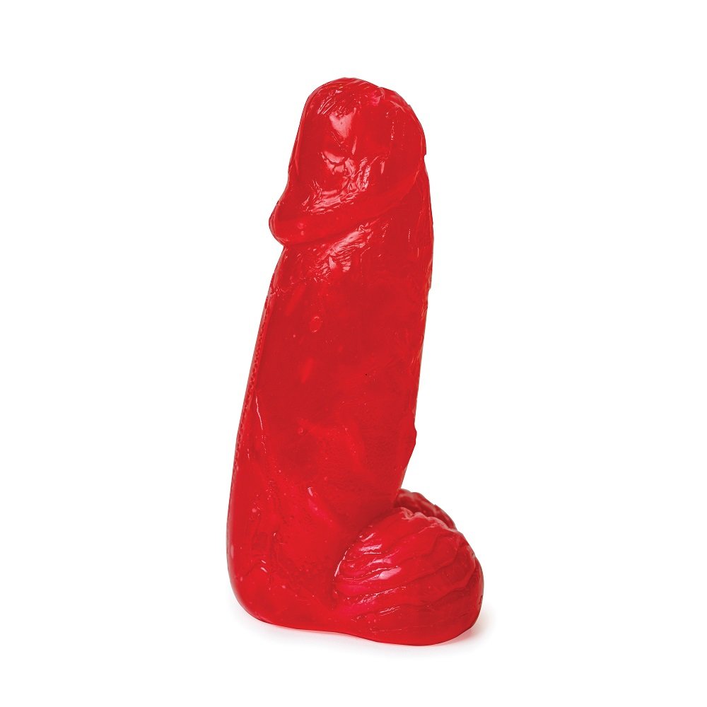 Red novelty candy shaped in a phallic form with textured details
