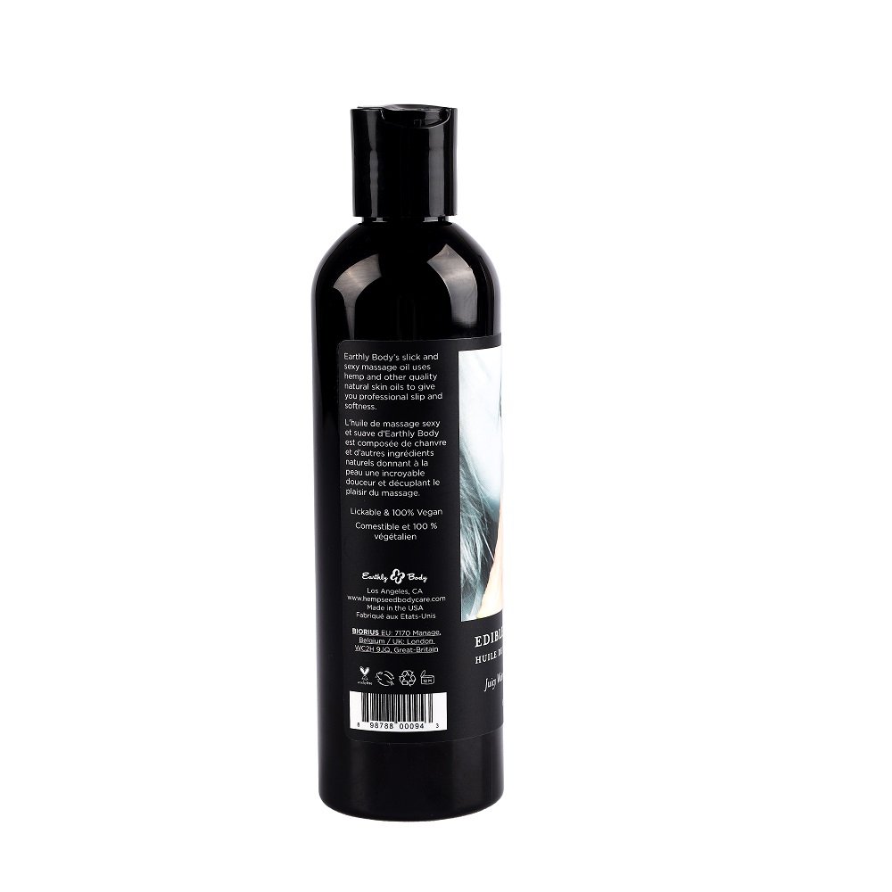 Black plastic bottle of Earthly Body Edible Massage Oil with product label and flip-top cap