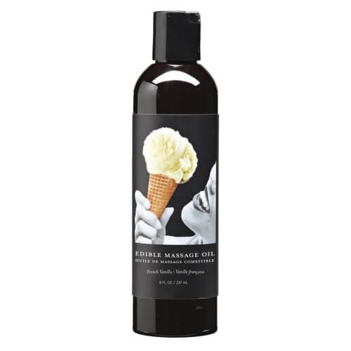 Earthly Body Edible Massage Oil bottle with label showing a person holding an ice cream cone
