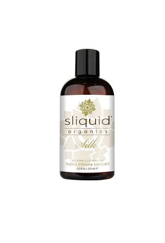 Sliquid Organics Silk Hybrid Lubricant 255ml bottle with black cap and beige label