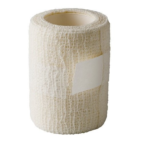 White textured elastic bandage roll with adhesive patch